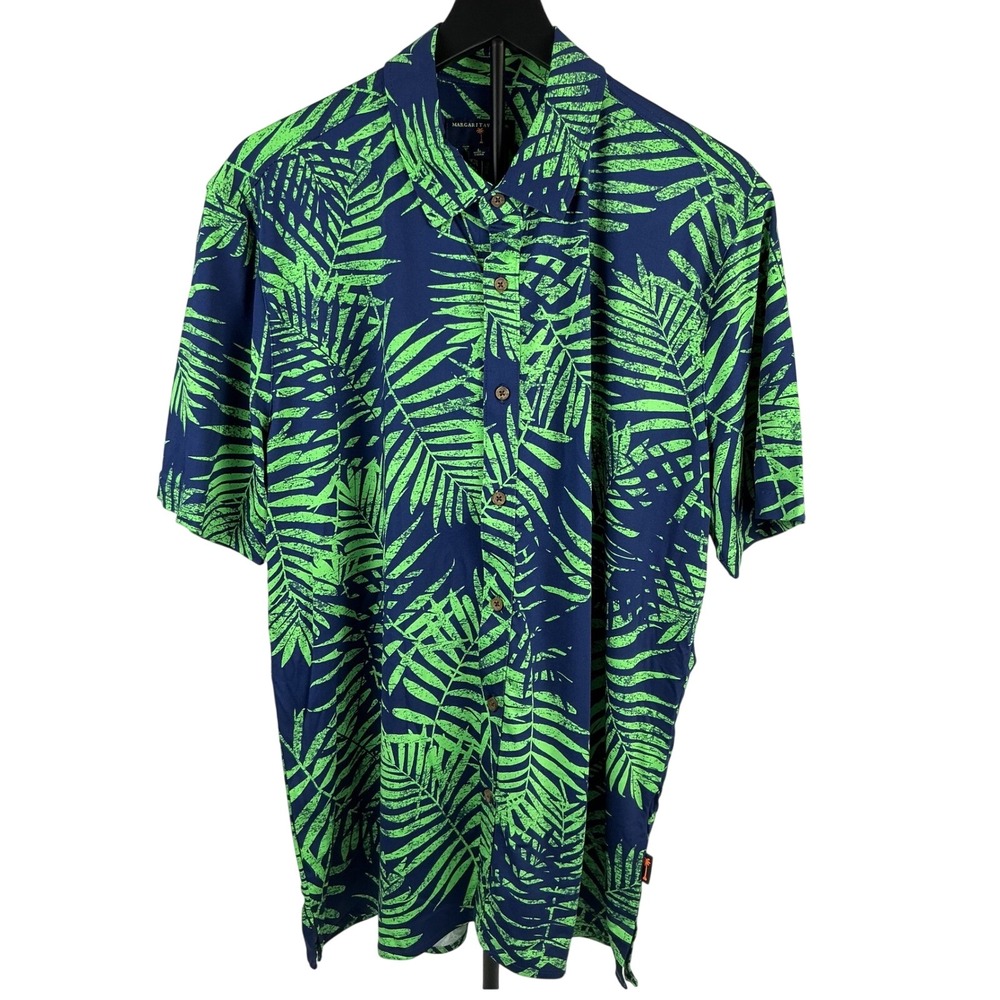 Margaritaville Mens Large Palm Leaf Tropical Shirt Button Up Insignia Blue Aloha
